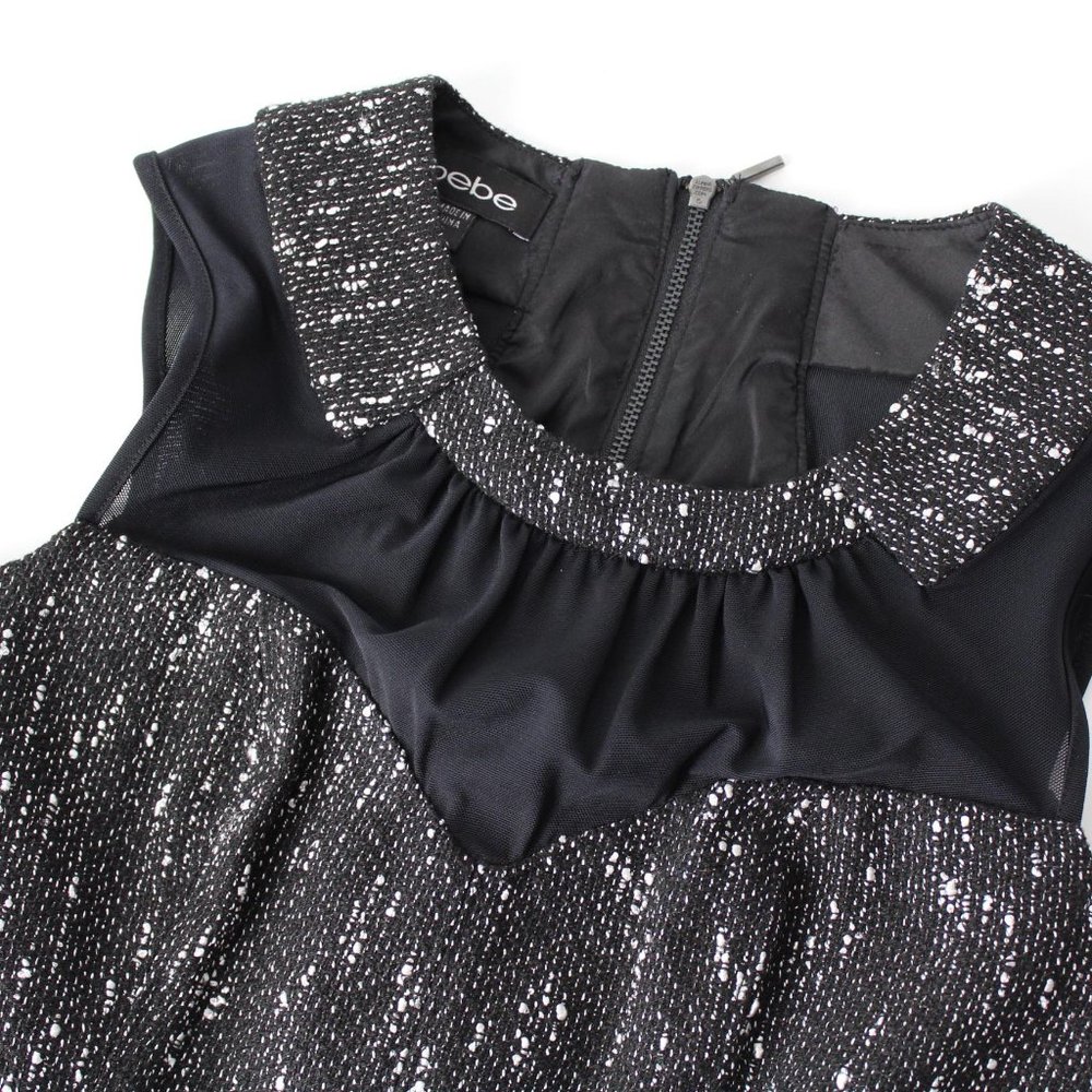 Bebe Dress elegant black white tweed mesh trim fringe hem Women's Sz 0 - Picture 5 of 12